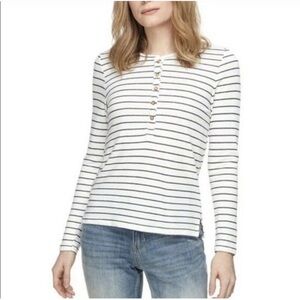 MARINE LAYER Double Knit Henley Long Sleeve T in White Natural Blue Stripe S $78